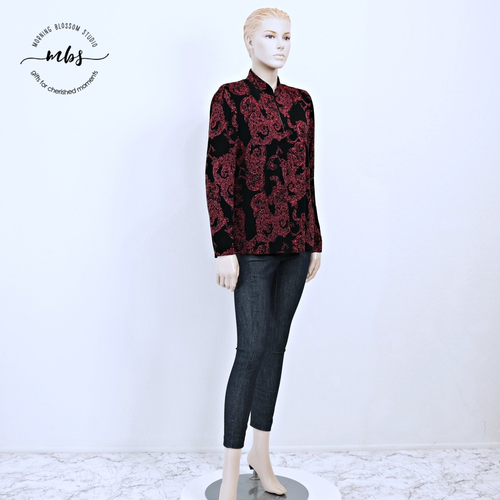 Alex Evenings Glitter Velvet Open Front Jacket Black Red Women L